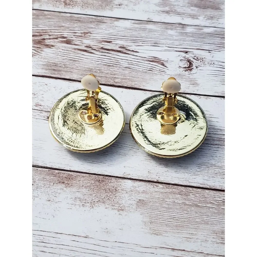 Vintage Clip On Earrings Gold Tone Halo with Blue Speckled Center Large 1 & 5/8